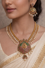 Load image into Gallery viewer, Golden Cz Dainty Antique Kemp Stone lakshmi ji  Temple Necklace set
