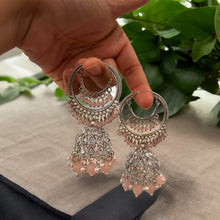 Load image into Gallery viewer, Silver Polki Pearl Hanging Drop Hoop Earrings
