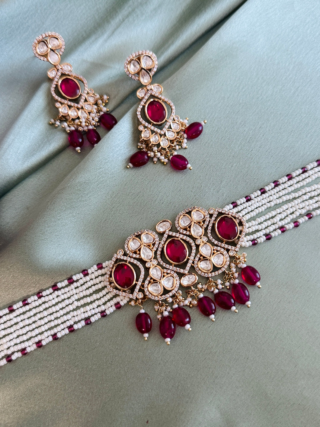 Chitra Ruby 22k gold plated Tayani Pearl Choker Necklace set