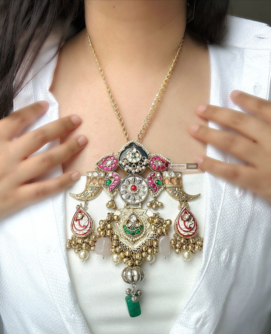 Kundan Big Statement Afghani German Silver Long Pendant necklace Pachi