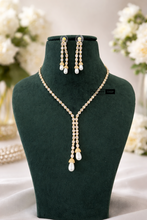 Load image into Gallery viewer, Golden Pearl Long Dainty Solitaire Baguette Necklace set
