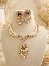 Load image into Gallery viewer, Purple Pink Mother of Pearl Kundan silver Foiled Kundan Pearl Necklace set
