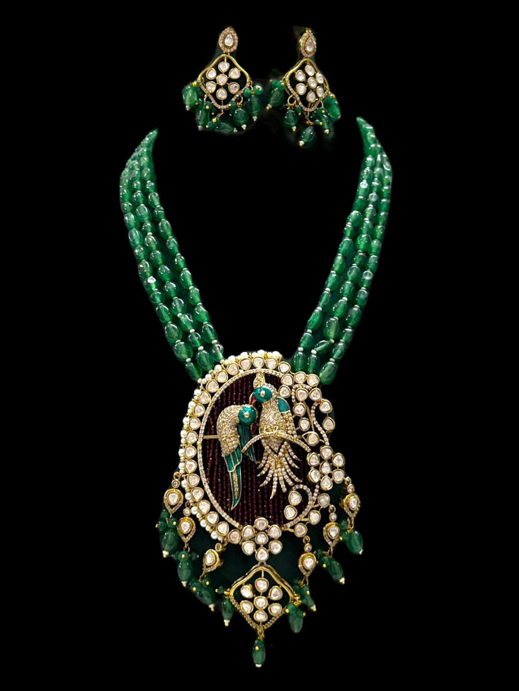 Moissanite Long Beads Ruby Green Birds necklace set