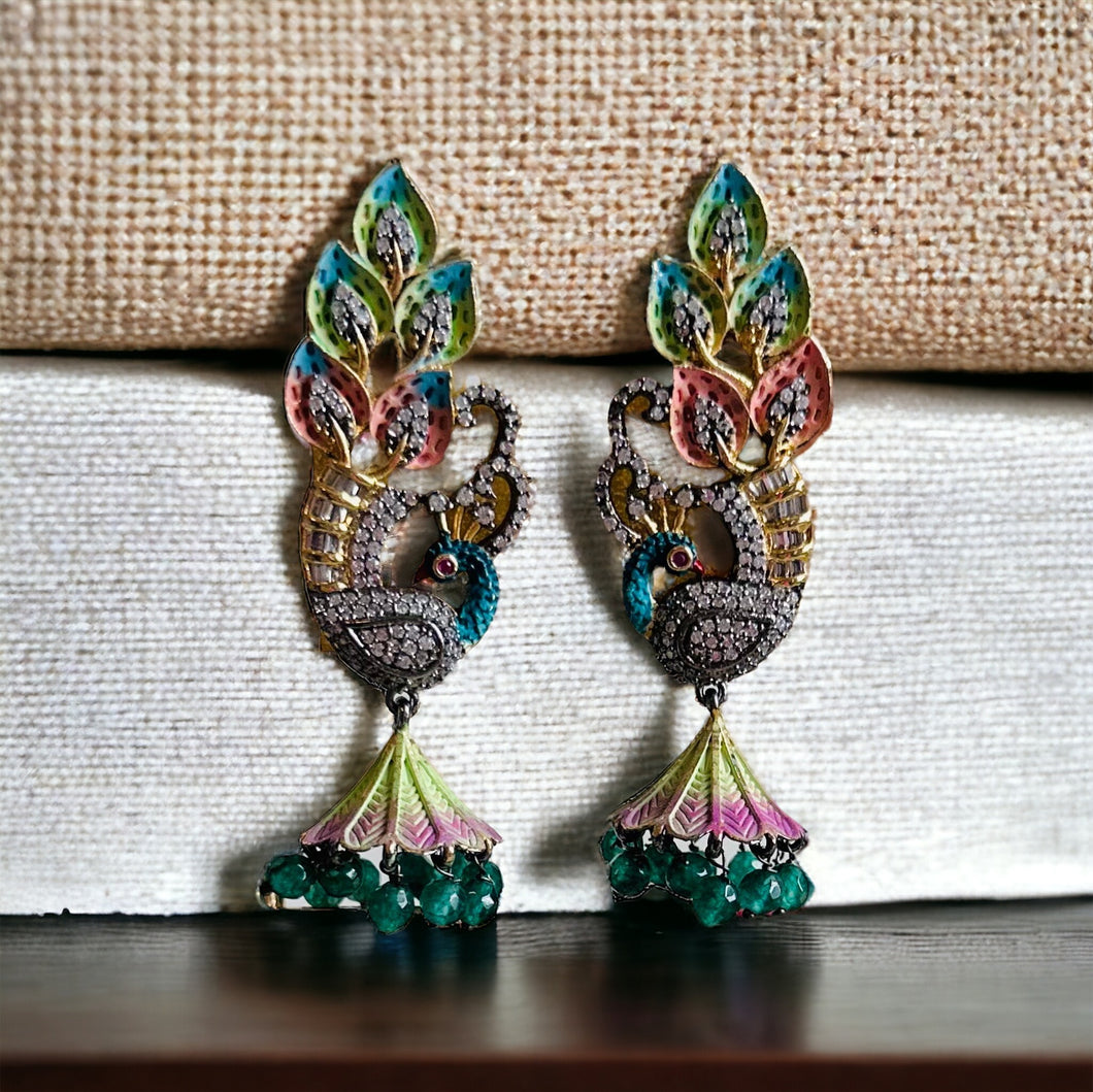 American diamond Peacock Paint Shaded Jhumka Cz Earrings