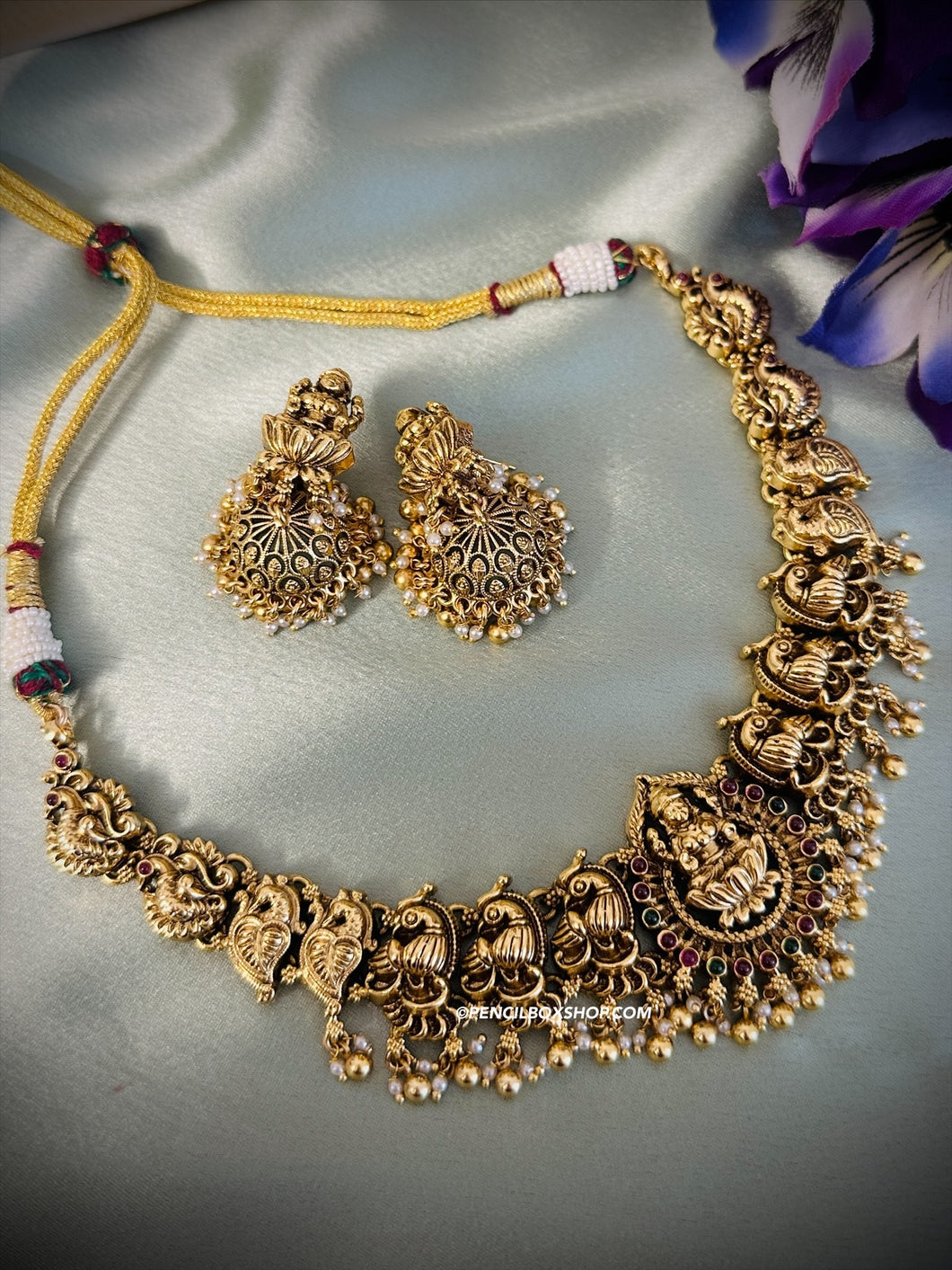 Lakshmi ji peacock Kemp stone Pearl Golden Beads Necklace set
