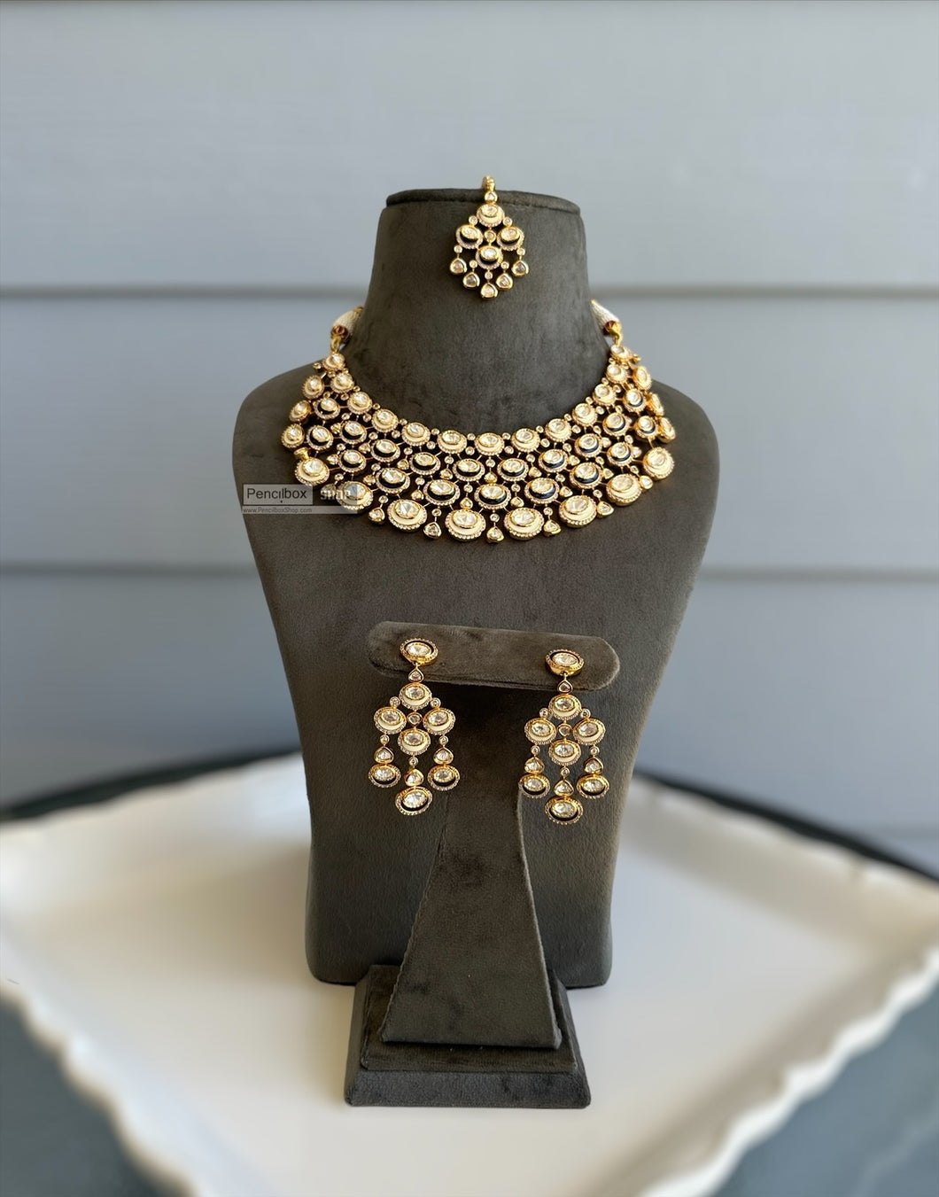 Tayani 22k gold plated Blue ivory enamel Statement necklace set with maangtikka