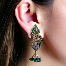 Load image into Gallery viewer, American diamond Peacock Paint Shaded Jhumka Cz Earrings
