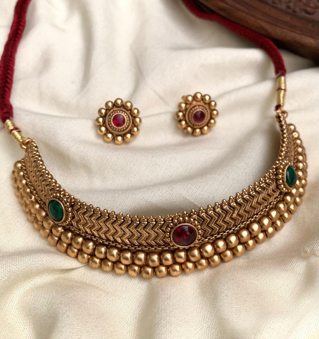 Dainty Pearl Ruby Green Choker Temple Ethnic Necklace set