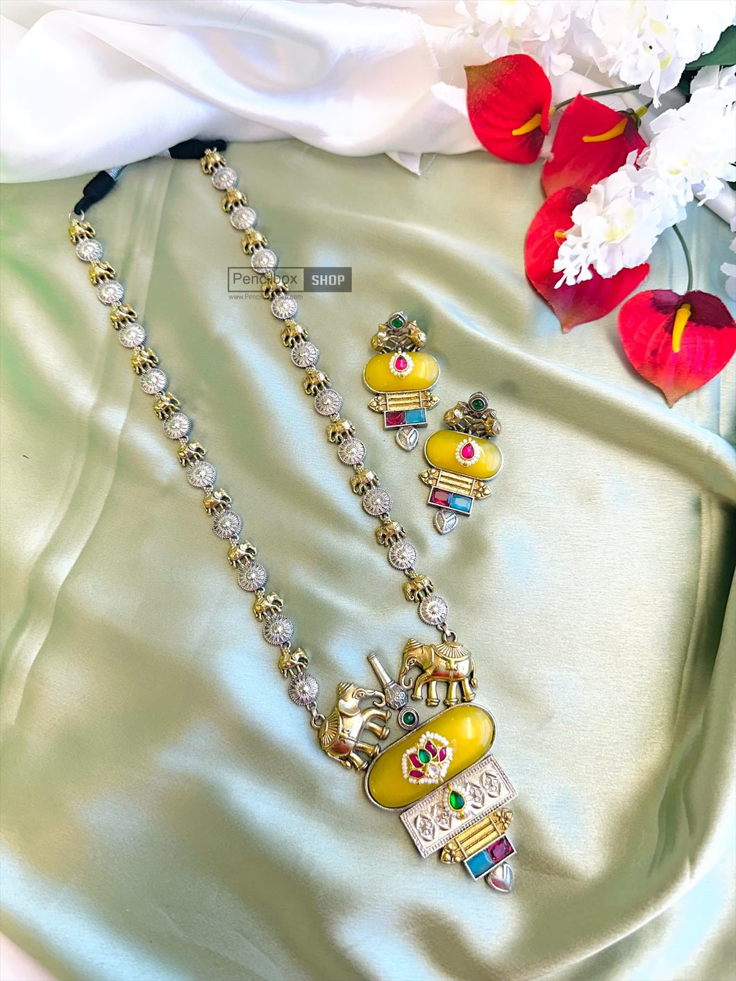 German silver Elephant Yellow Pachi kundan Long Necklace set