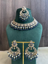 Load image into Gallery viewer, Aarohi Royal Blue  Golden Polki Necklace Set with maangtikka

