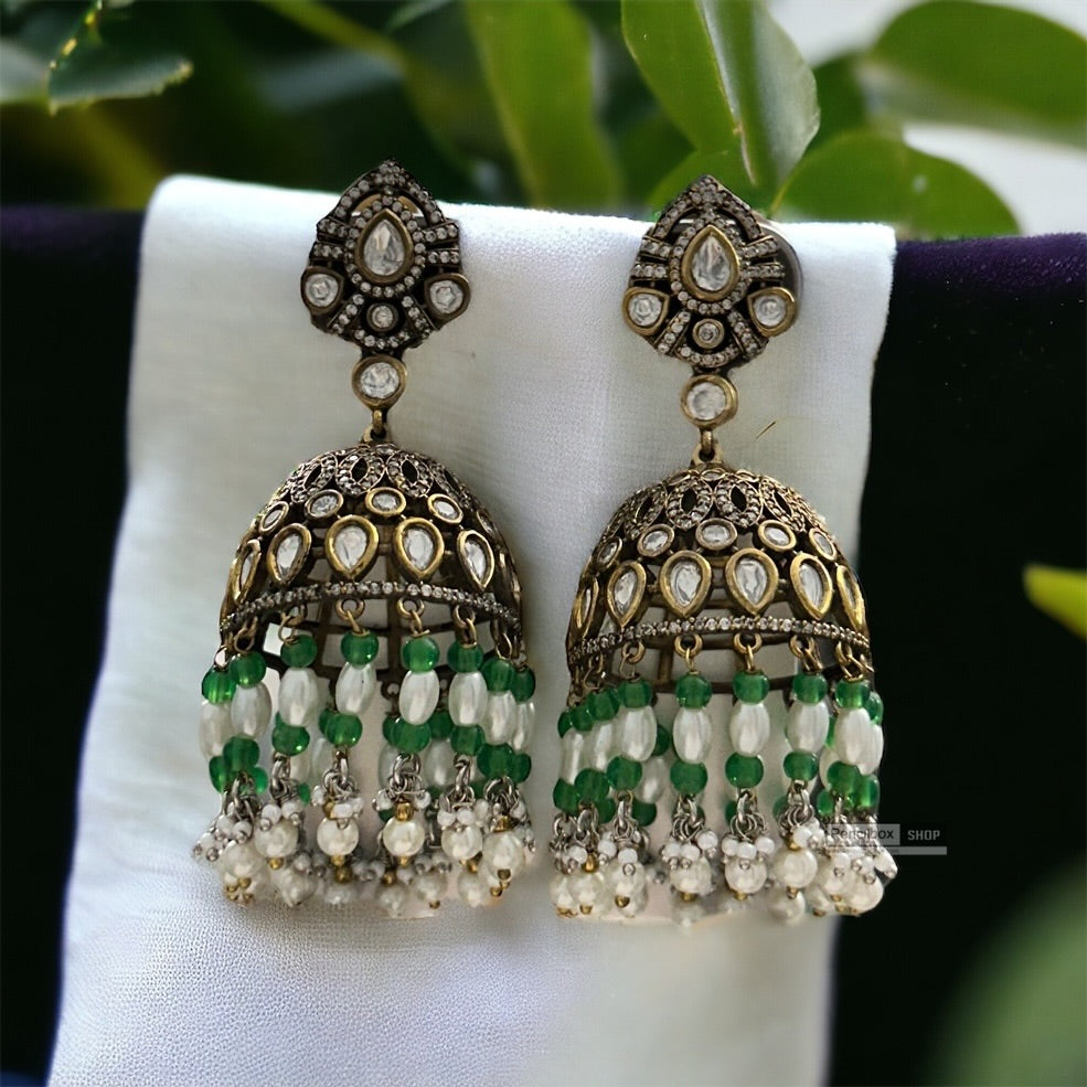 Green Moissanite pearl golden antique statement Jhumki earrings