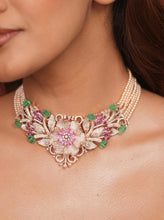 Load image into Gallery viewer, Solitaire Floral Rose Gold MM pink Mint Pearl Multicolor Long Solitaire Premium Choker Necklace set
