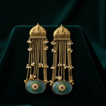 Load image into Gallery viewer, 92.5 coated Fusion Long Ghungroo Lakshmi ji Carved stone pearl Kashmiri earrings
