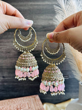Load image into Gallery viewer, Big Jumbo polki Bahubali pearl jhumki earrings with maangtikka
