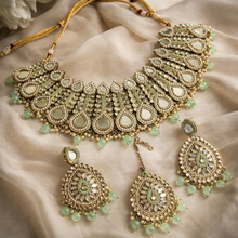 Load image into Gallery viewer, Mint Pearl Mirror Statement Piece Necklace set with Maangtikka
