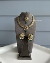 Load image into Gallery viewer, Chahat green Kundan Polki Necklace Set with Maangtikka
