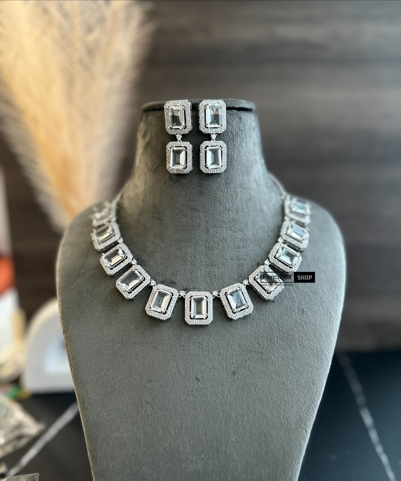 Designer Silver Finish American Diamond Necklace set