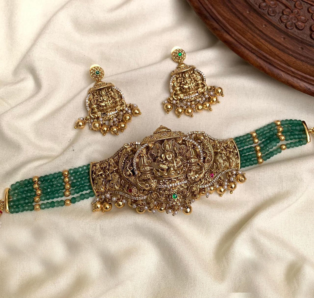 Lakshmi ji Premium Temple Green Beads ethnic choker necklace set