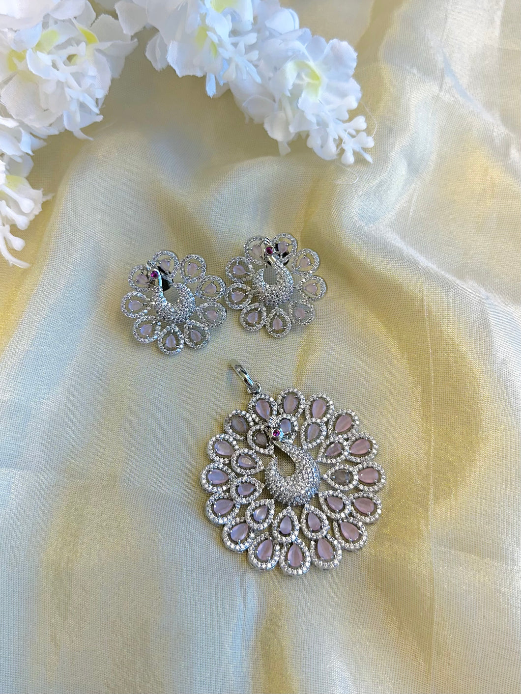 Pink Peacock Cz Silver Pendant set