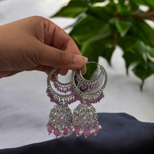 Load image into Gallery viewer, Silver Polki Pearl Hanging Drop Hoop Earrings
