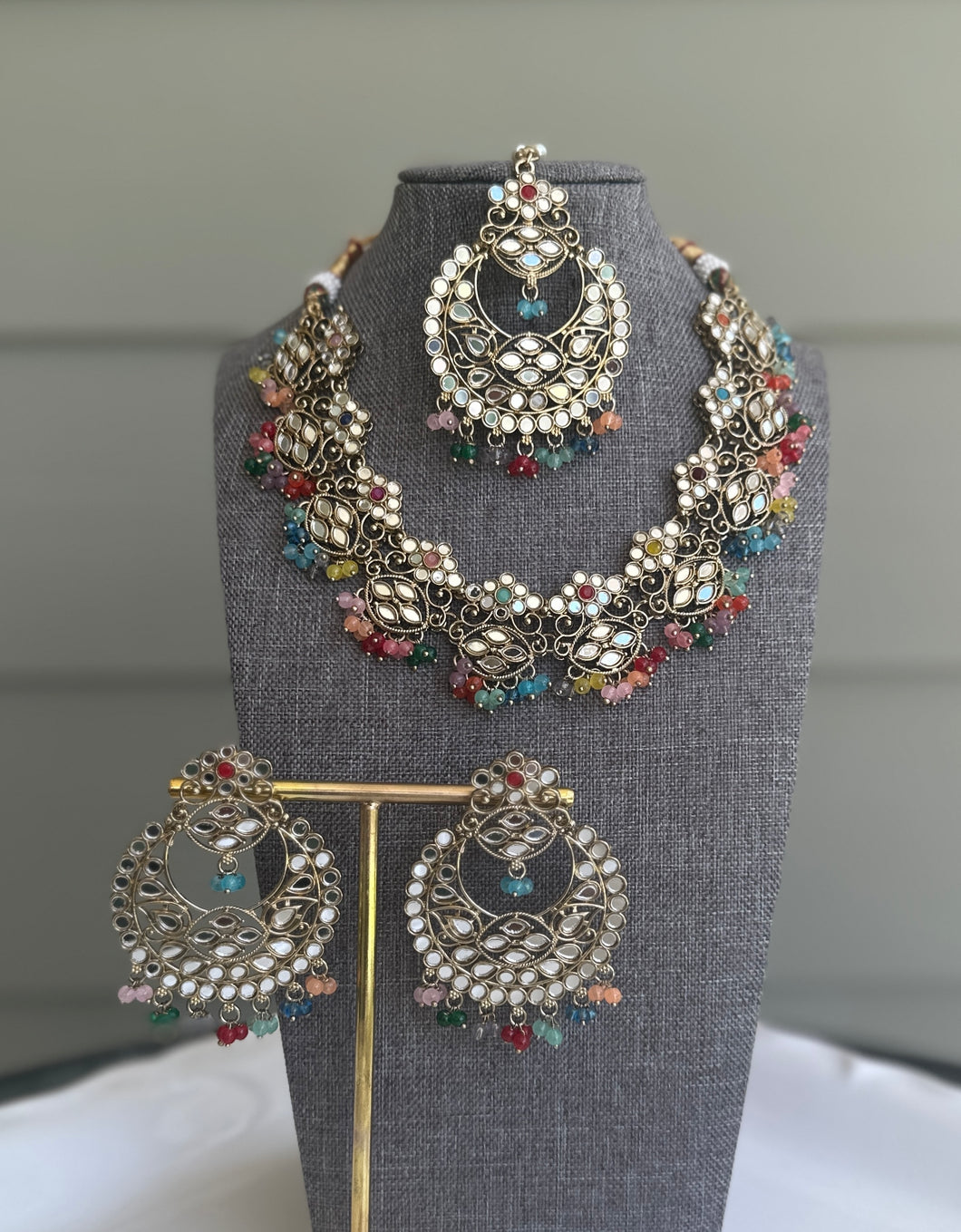 Mirror Beads necklace set with maangtikka