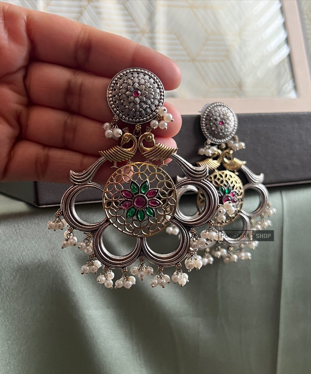 Peacock Big Dual Tone Statement German silver earrings