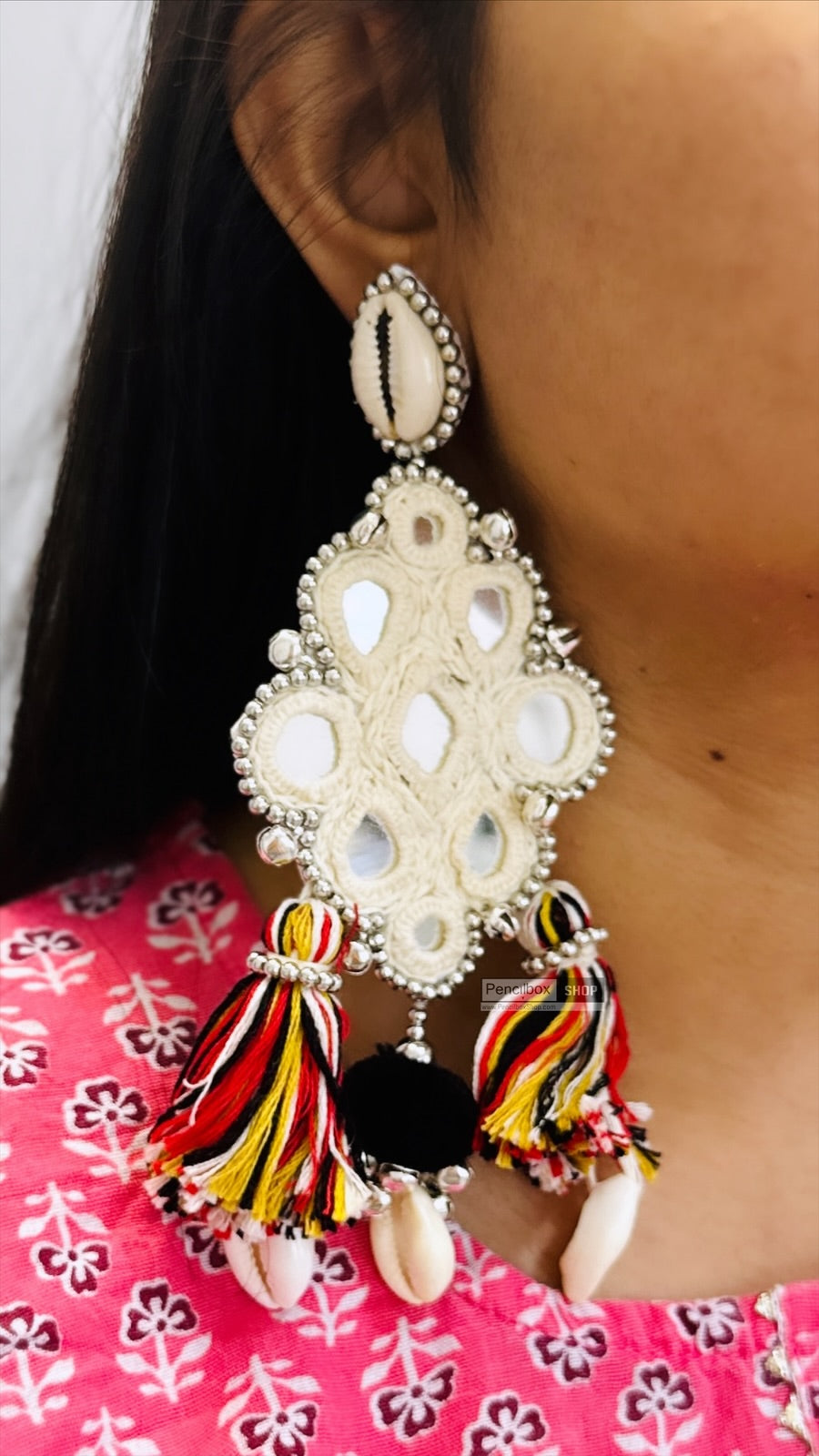White Tassel Shell Pearl Mirror Fabric handmade beaded Earrings