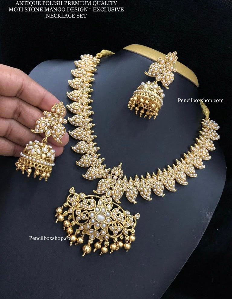 White pearl mango design Necklace set Temple Jewelry