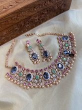 Load image into Gallery viewer, Designer MM Colored Polki Stone American Diamond Cz Floral Necklace set
