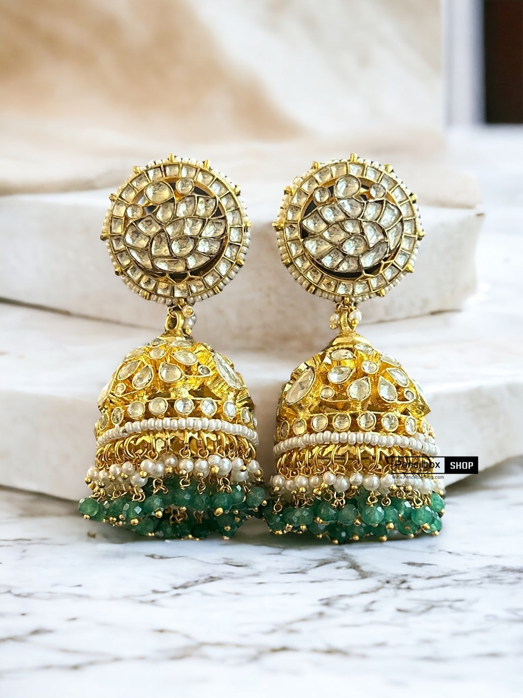 Mor Pachi Kundan Brass White Green Jhumka Statement Designer Earrings