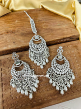 Load image into Gallery viewer, Silver Mirror Big Pearl Long Earrings with Maangtikka
