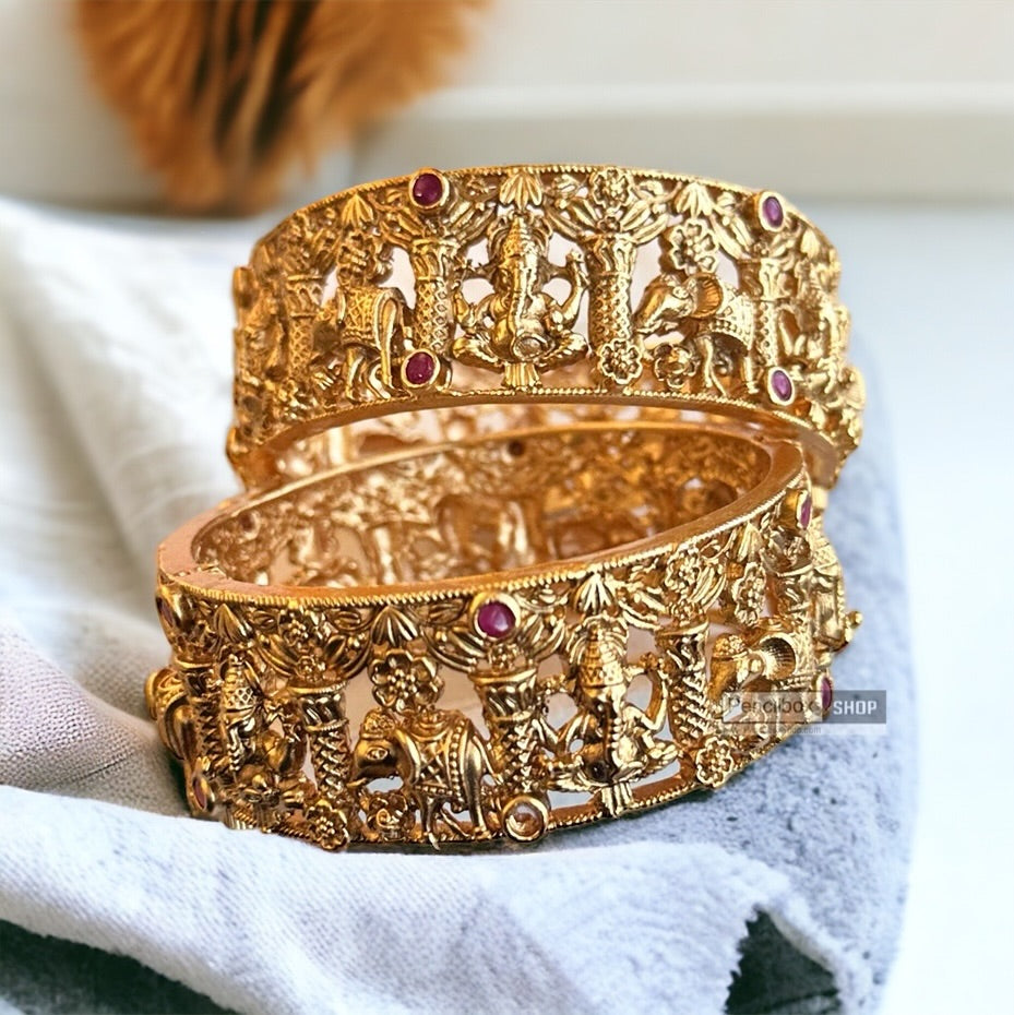 Set of 2 bangle set ruby kemp stone Ganesha Elephant openable bangles