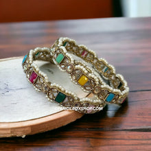 Load image into Gallery viewer, Polki Multicolor Stone Pearl Border Set of Bangles
