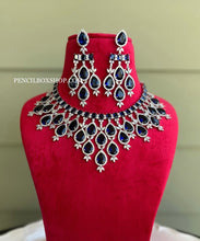 Load image into Gallery viewer, Royal Blue Statement Designer American Diamond Hanging Necklace set
