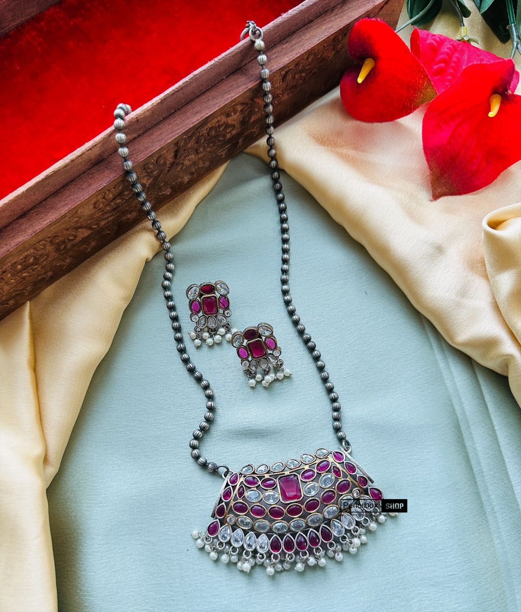 Ruby White German Silver brass pendant necklace set