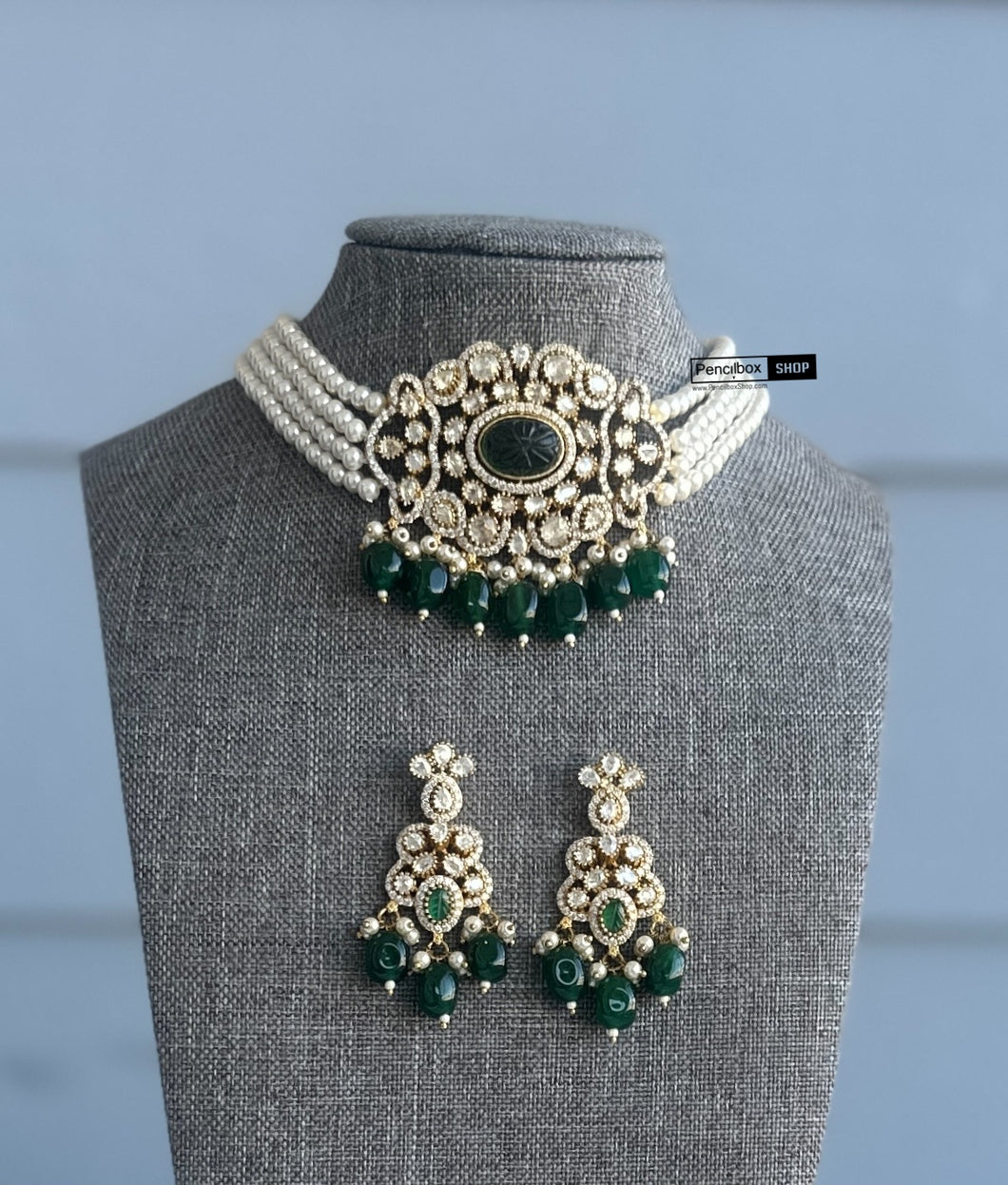 Green Golden moissanite Choker Necklace set