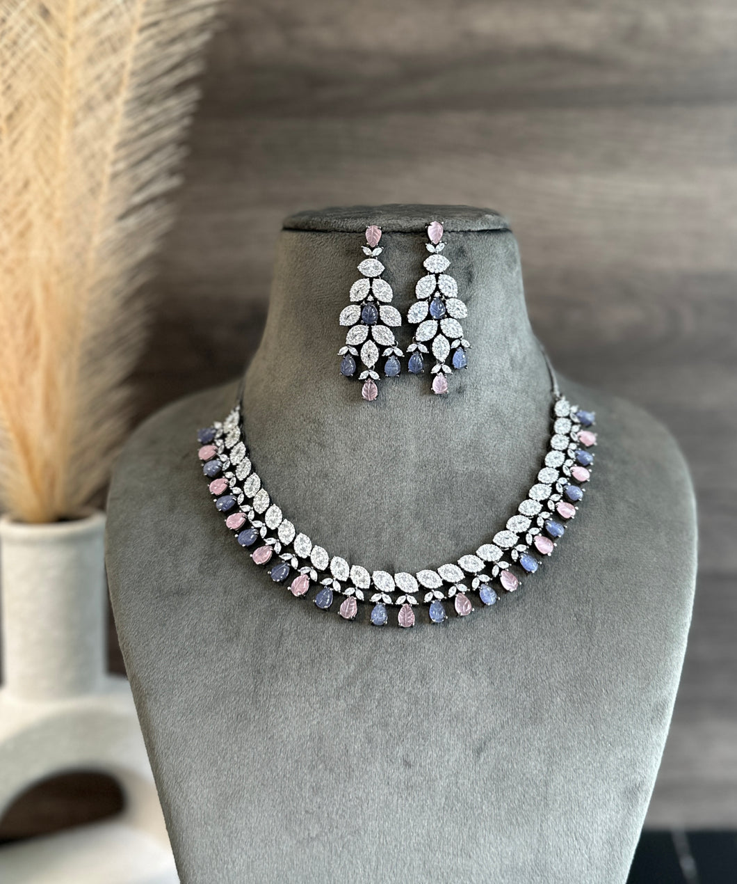 Kavya Purple pink Victorian Simple dainty American diamond necklace set