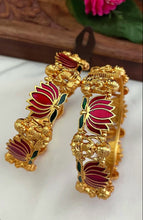 Load image into Gallery viewer, NEW LAUNCH Lotus Lakshmi ji Enamel Ruby green Openable Bangle set
