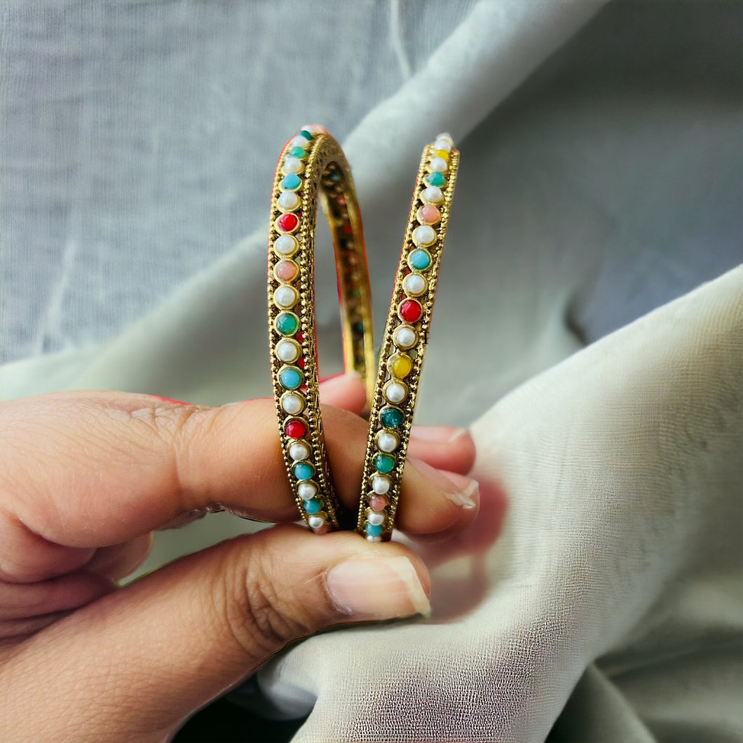 Multicolor pearl Stone round  pair of bangle set