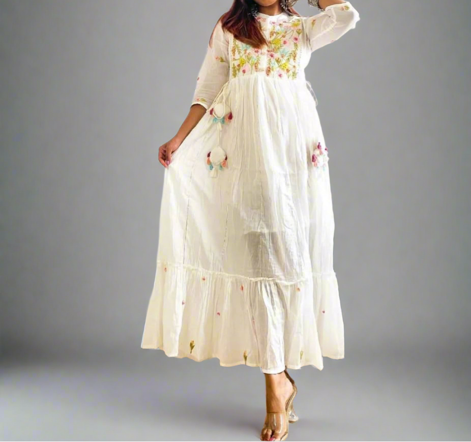 White Multicolor Thread Embroidery Long Dress Women Clothing 44