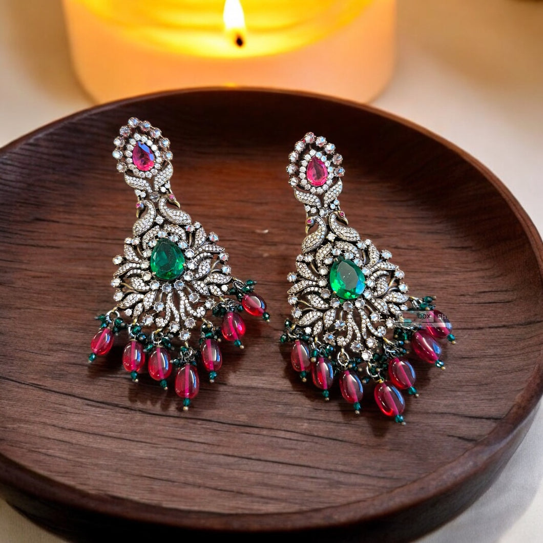 Victorian  American Diamond Ruby green Long Statement Dangling earrings