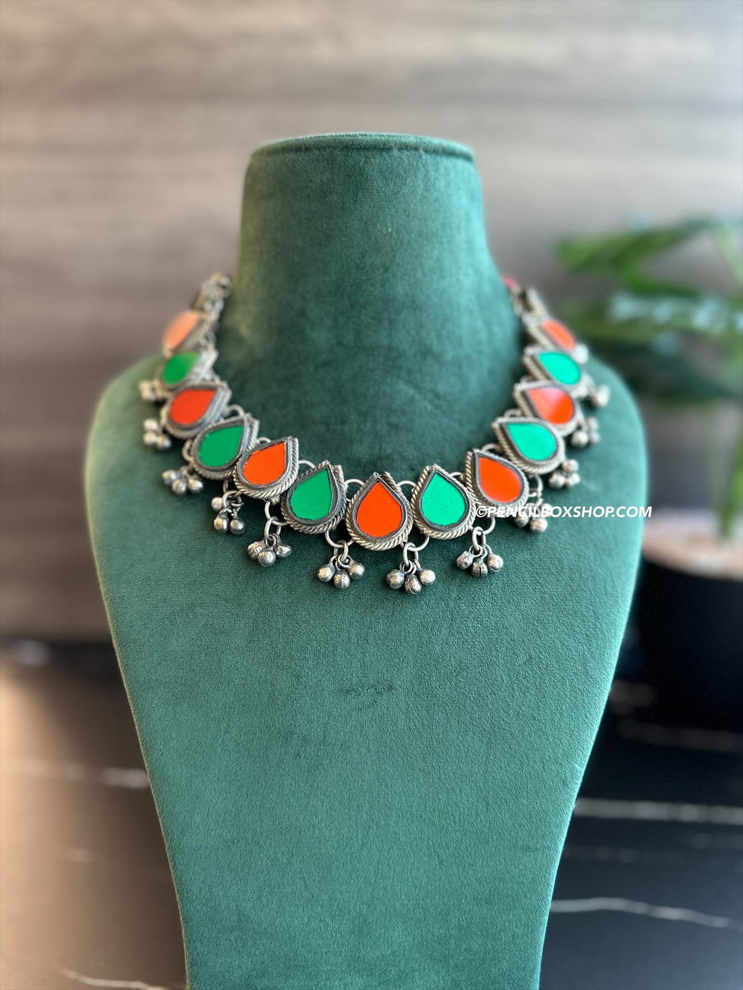 Green orange Afghani Mirror Multicolor Navratri  Necklace