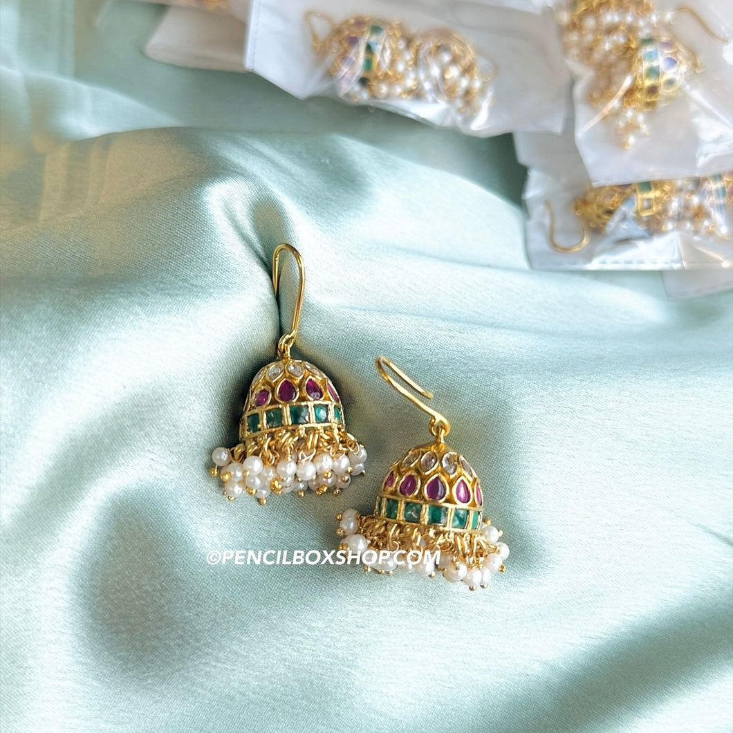 Charvi Small Kemp stone multicolor Fish Hook Jhumki Earrings