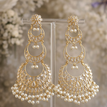 Load image into Gallery viewer, 14k Gold plated White Three layered Chandbali Jhumka earrings
