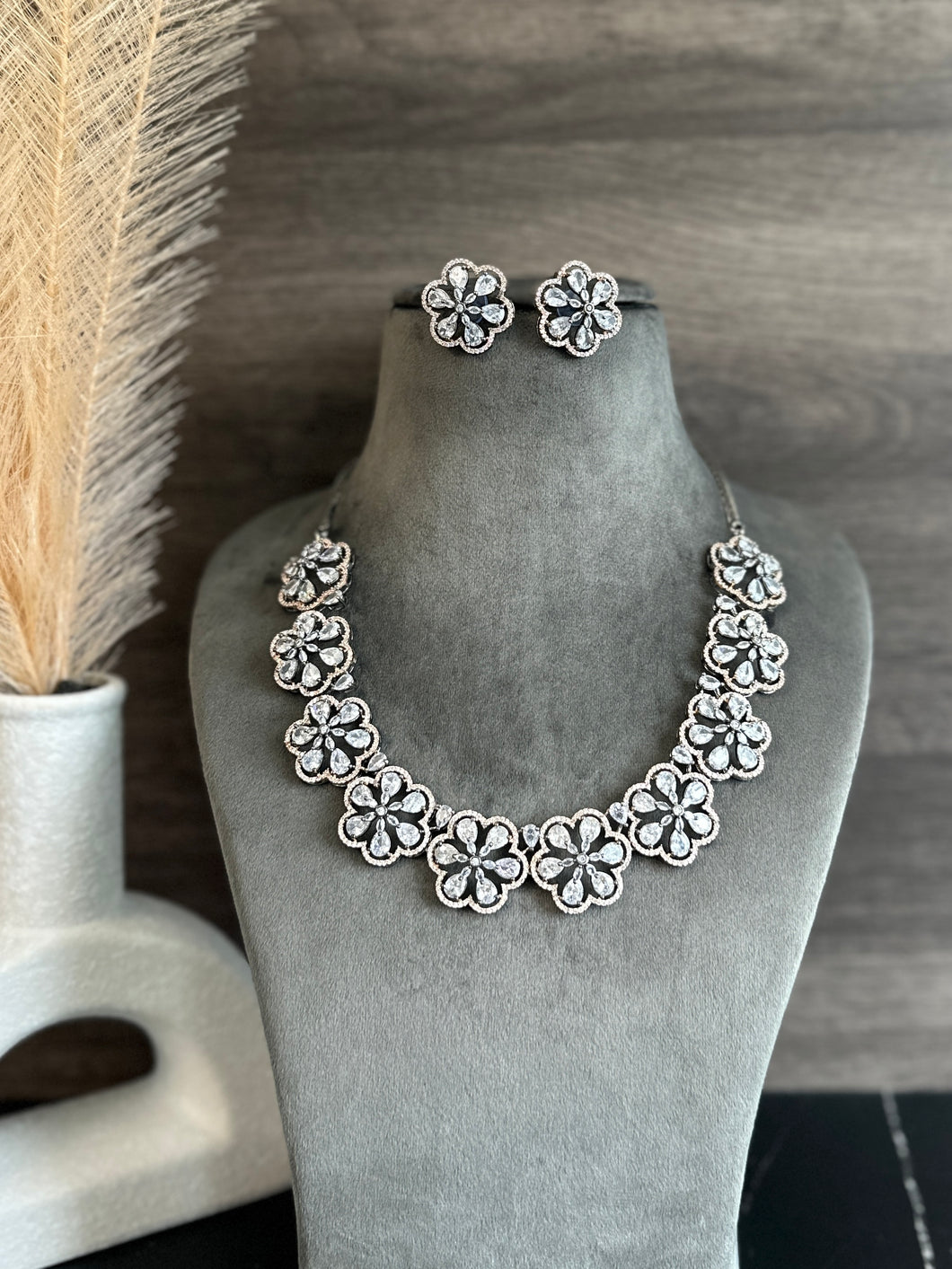 Anaya Flower Victorian White American Diamond Necklace set