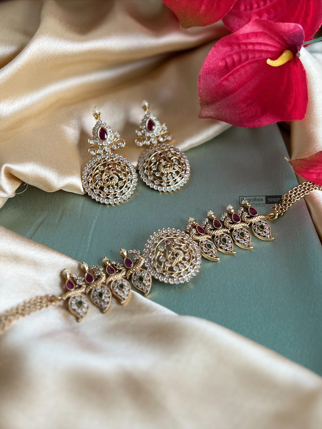Multicolor cz peacock dainty premium choker necklace set