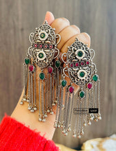 Load image into Gallery viewer, German silver Jharna Stone long dangling Tassel Pearl Earrings

