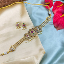 Load image into Gallery viewer, Golden Multicolor Cz Kundan Polki Premium Choker Temple Necklace set

