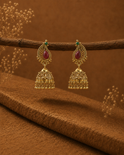 Load image into Gallery viewer, Mango shape ruby green Small Kemp Stone Brass Jhumka Earrings
