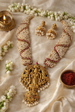 Load image into Gallery viewer, Lakshmi ji  Pearls Ruby Kemp Stone Grand Bridal Designer Statement Haram Temple Necklace set Jewelry
